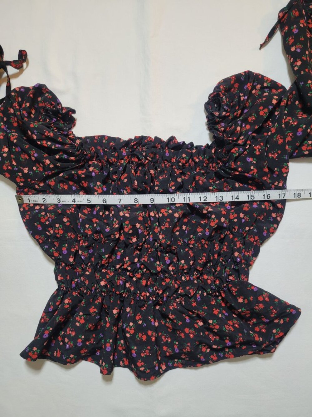 Topshop Floral Puff Sleeve Smocked Crop Blouse Top Peplum Square Neck Black - Picture 8 of 10